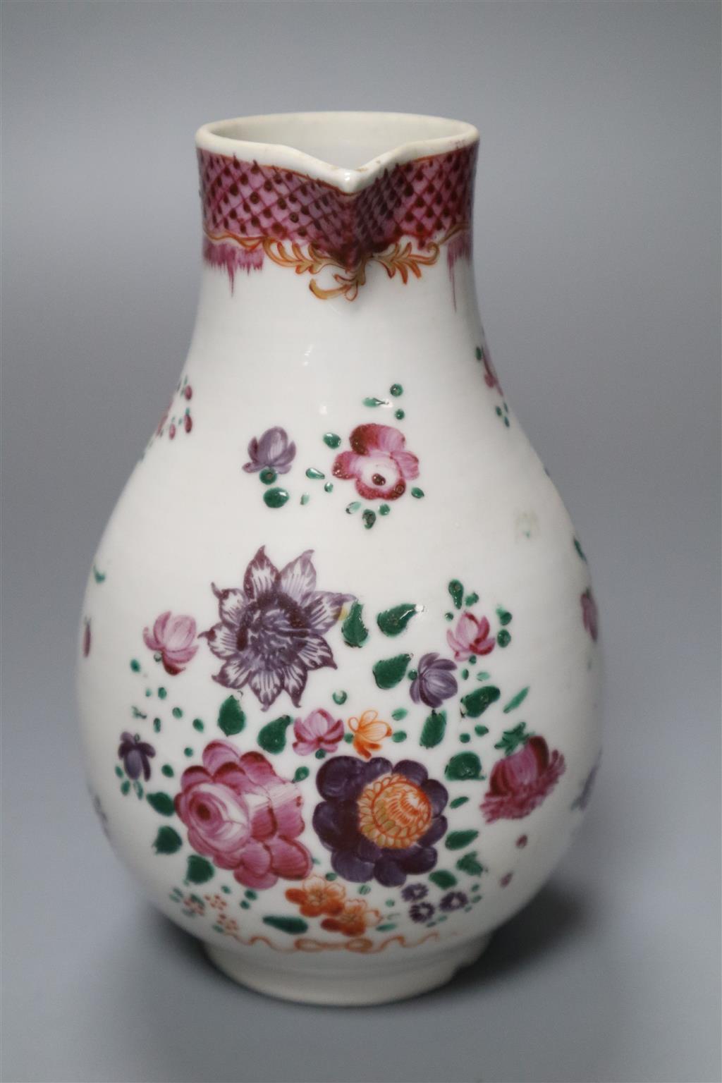 An 18th century Chinese export ceramic jug, lacking cover, together with a famille rose bowl, tallest 15cm